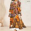 Women Plus Size Two Piece Dress Set Three Quarter Sleeve Halloween Panda Ghost Print Long Dress