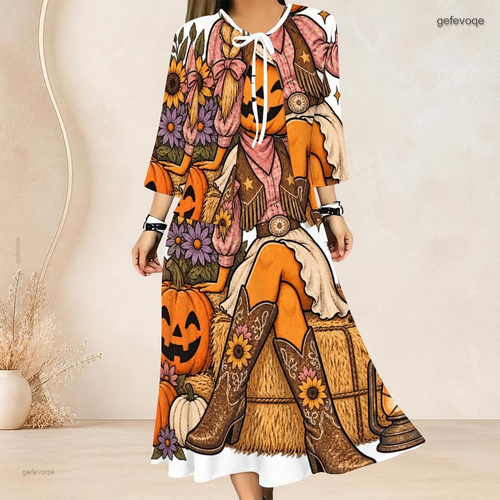 Women Plus Size Two Piece Dress Set Three Quarter Sleeve Halloween Panda Ghost Print Long Dress