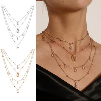 Bohemia Layered Choker Necklace Hexagram Shell Necklace Crystal Choker Rhinestone Charm Pendant Necklace Multi-layered Retro Chain for Women Girls
