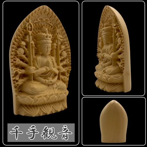 Lunari Mini Buddhist Statues, Wood Carvings of Acala, Thousand-Armed Kannon, and Amitabha Buddha, Wooden Objects, Miniature Sculptures, Buddhist Altar