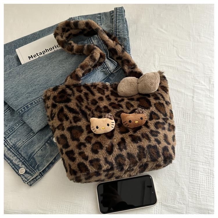 Leopard Print Fuzzy Retro Bucket Shoulder Bag, Large Capacity, Winter 2025 Women's Crossbody Underarm Bag