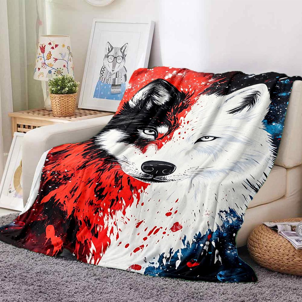 1pc Wolf Face Artwork Blanket, Lightweight Flannel Fleece with Digital Printing, Soft Warm for Sofa, Travel, Camping, Office, Couch, Chair, and Bed, A