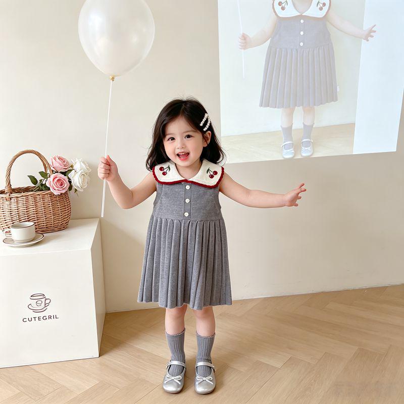 Red Cherry Blossom Knitted Sleeveless Dress for Girls - Spring/Autumn Style with Lapel