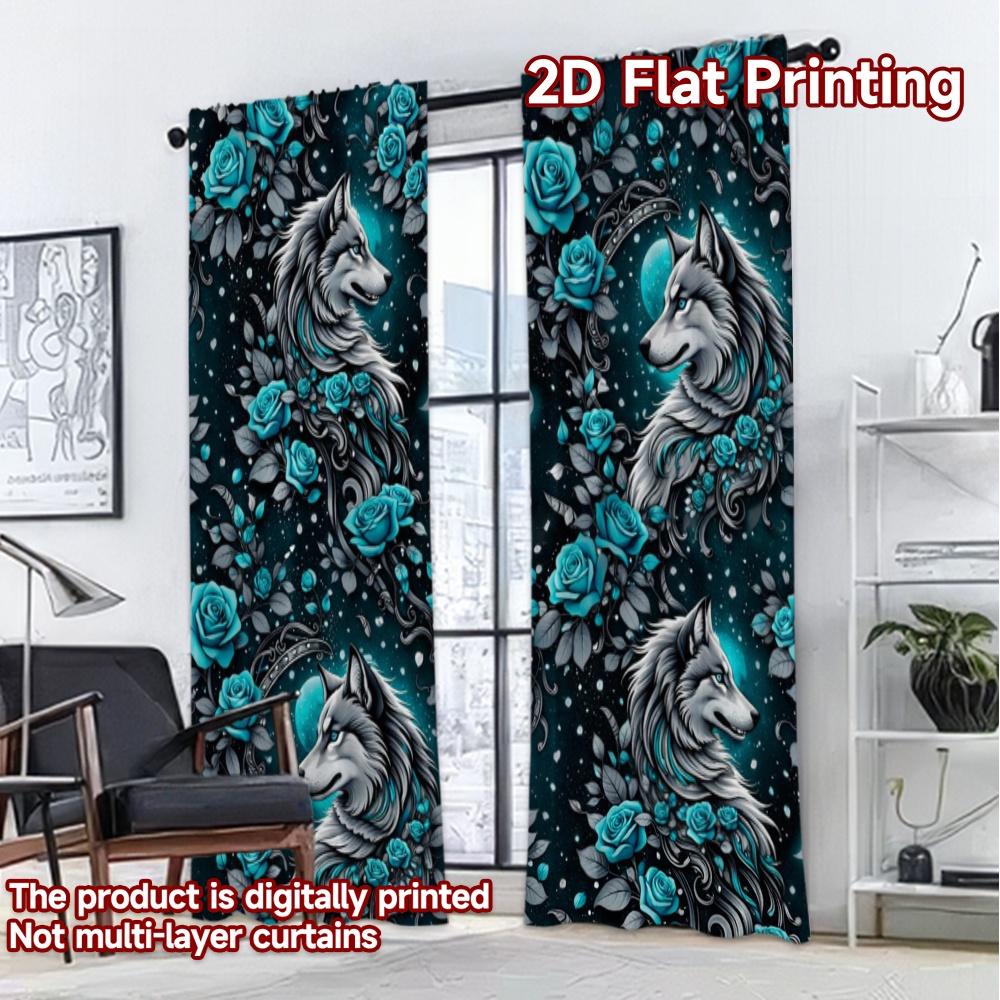 2D FLAT PRINTING 2pcs Curtains (Without Rod) Wolves with Blue Roses Popular Minimalist Curtains Machine Washable Fabric Curtains