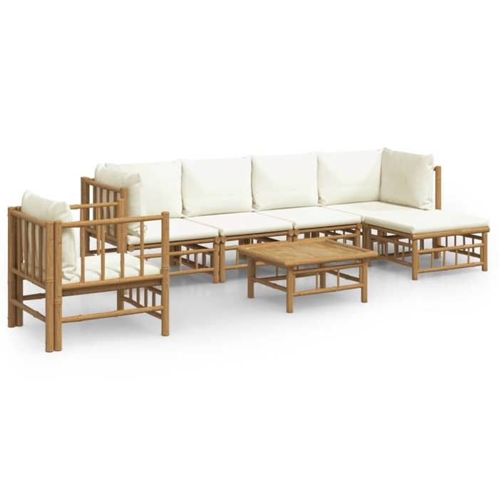 VidaXL Salon de jardin 7 pcs avec coussins blanc crème bambou, ensemble de salon, ensemble de salon extérieur 3155181