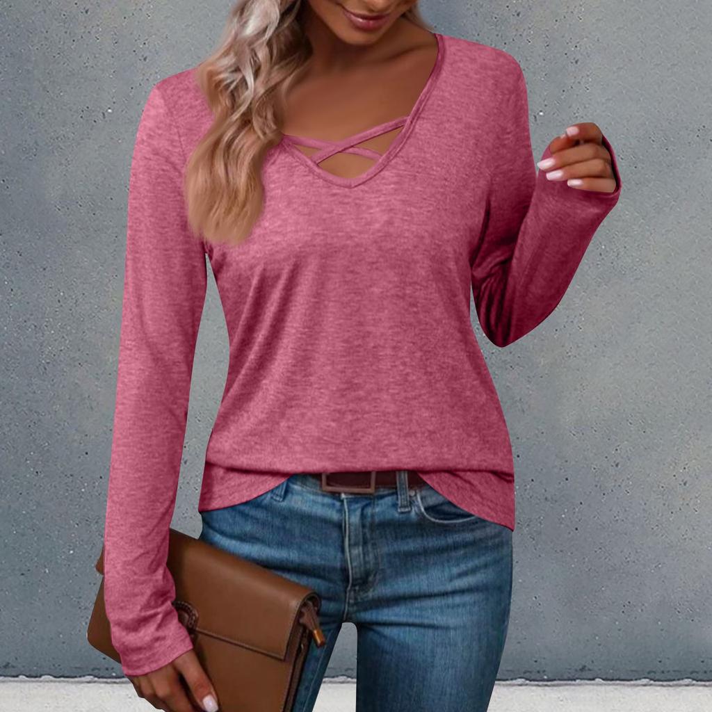 Women's V-neck Solid Color Casual Loose Long Sleeve T-shirt Top