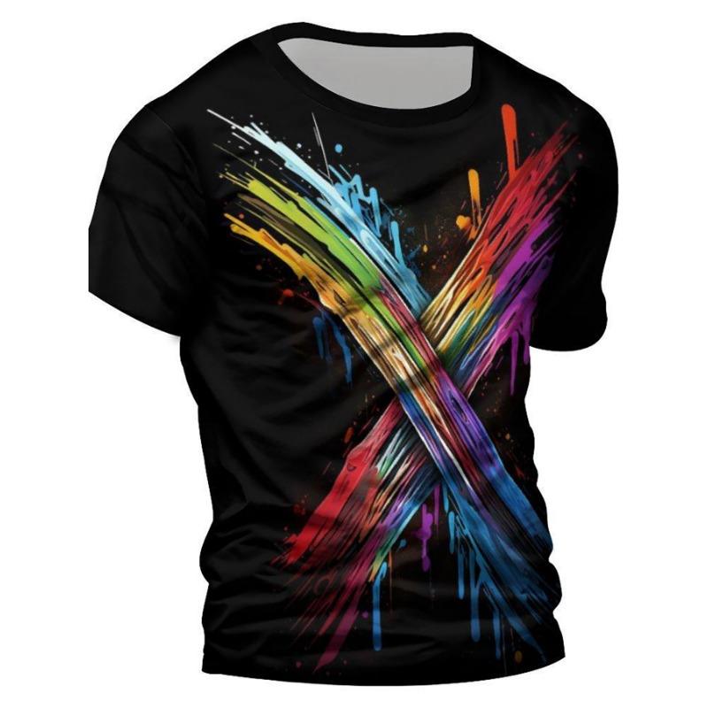 Men's Colorful Splash Paint 3D Printed T-Shirt Casual Short Sleeve Crewneck Top Cool Watercolor Cross Graphic Tee Trendy Hip Hop Streetwear Apparel