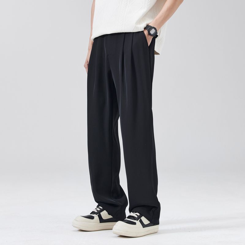 Summer New Wide-leg Drape Double-pleated Small Trousers Men's Daily Commuting Loose Straight Casual Long Pants