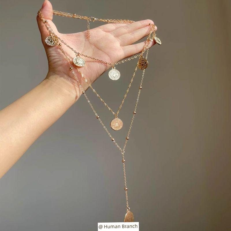 

Fashion Ancient Greek Roman Coin Necklace Female Accessible Luxury Special-Interest Design Fancy Clavicle Chain Multi-Layer Twin Necklace Gold Round Necklace