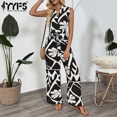 Damenmode Casual Sommer Frühling Farbblockdruck Ärmellos V-Ausschnitt Hohe Taille Hosen Jumpsuits & Strampler