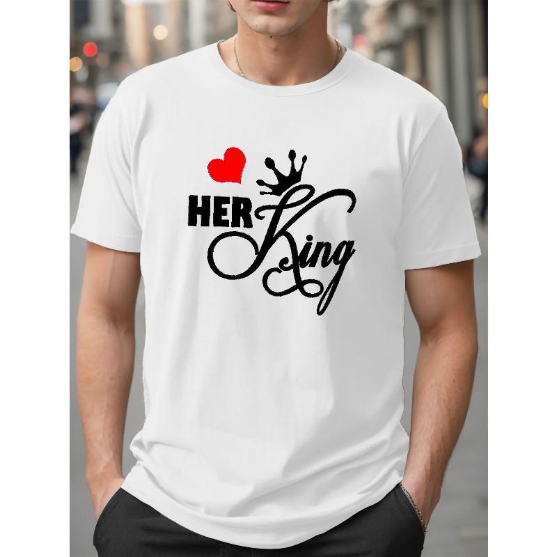 

Plus Size Men s Her King Graphic Tee - Casual Crew Neck Short Sleeve T-Shirt for Summer & Valentine s Day, Leisure Style, Conventional Version S белый