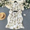 French retro light luxury high-end long-sleeved lapel single-breasted printed dress women's waist temperament big swing shirt skirt