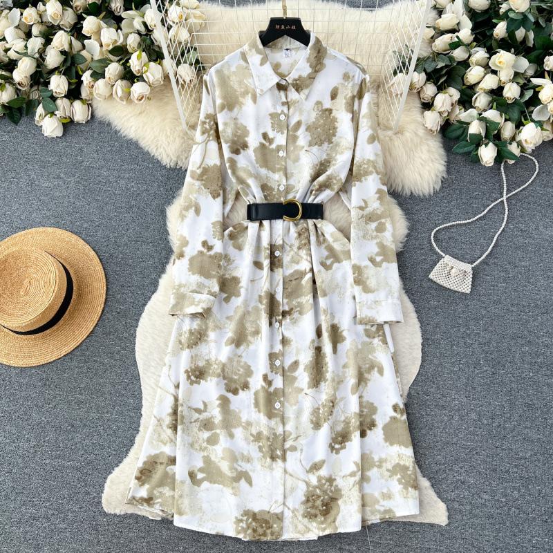 French retro light luxury high-end long-sleeved lapel single-breasted printed dress women's waist temperament big swing shirt skirt