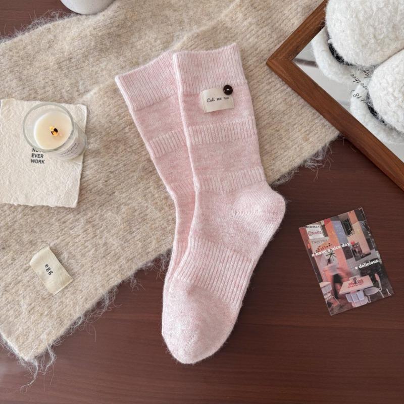 Wool Accessories Women's Socks - Winter High-end Thick and Warm Knitted Fabric with Logo Buttons, Pure Color, Simple Design, Mid-calf Length Socks