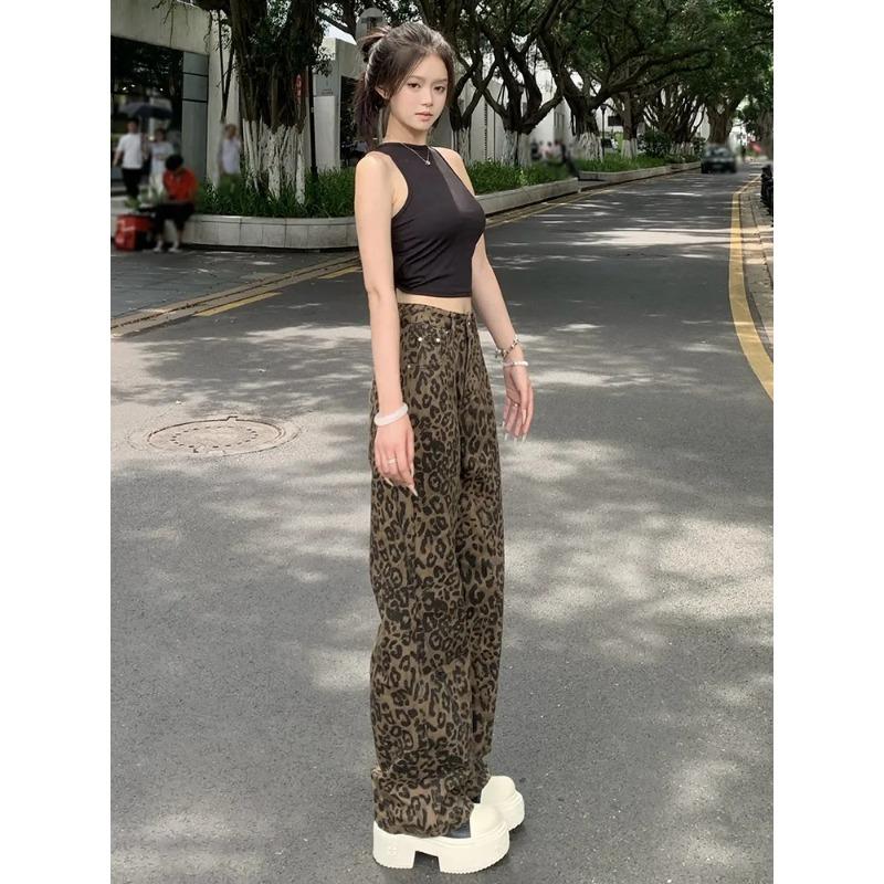 New Fashion Leopard Print Retro Women's Pants Elegant Casual Wide-leg High Street Straight Jeans Spring Autumn Casual Long Pants Loose Trousers 2215