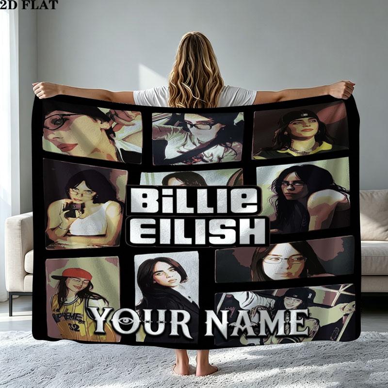 1PC Billie Eilish Custom Name Patterned Flannel Blanket Suitable For All Seasons for Home Decor Warmth and Comfort Gifts Holiday Present