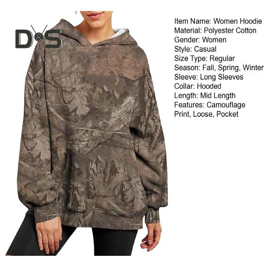 Fall Winter Women Hoodie Leaf Print Big Pocket Long Sleeves Thick Warm Loose Hooded Camouflage Daily Sport Top