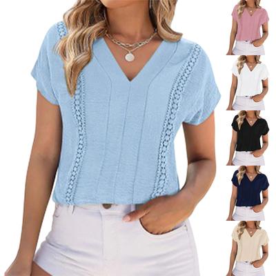 Women's Casual Fashion Ruched V,Neck Hollow Out Lace Trim T,Shirt Top