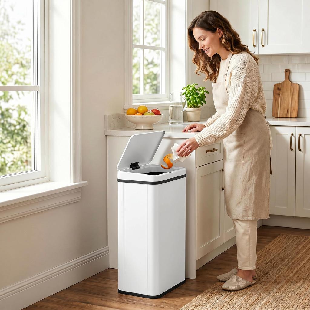 50L Sensor Bin with Soft-Close Lid, Stainless Steel Automatic Touchless Motion Sensor Kitchen Bin, White