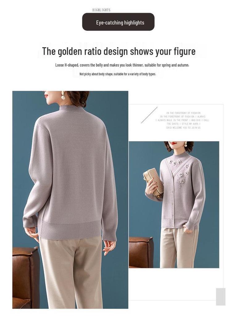 Mom's Winter Plus Velvet Layered Half-High Collar Sweater for Middle-Aged and Elderly Women - Warm Knitwear Base Layer