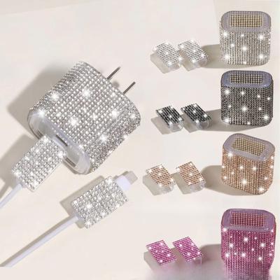 3-Pieces Set Beautiful Shiny Stick Diamond Silicone Protective Cover Charger USB Cable Anti-Break Protector