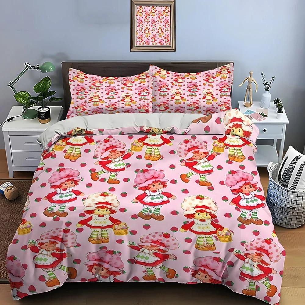 3D Anime Cuete Duvet Cover and Pillowcase, E-Emily Erdbeer Friends Bedding Set, Cute Bedroom Decoration 135x200, Gift for Girls