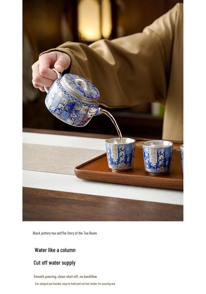 Silver-Plated Blue & White Porcelain Gongfu Tea Set with Kettle Handle - Perfect High-Grade Gift for Elders & Leaders.