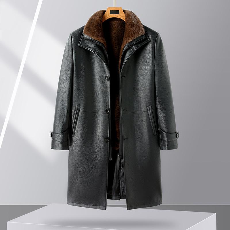 New leather jacket men's long leather jacket business casual removable liner lapel knee-length leather coat jacket for men