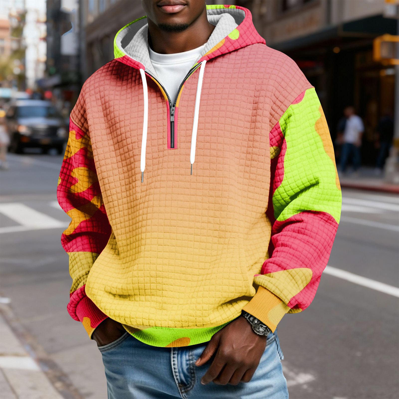 

Мужской худи-пуловер в клетку с капюшоном на молнии до середины, со шнурком и принтом, повседневная спортивная толстовка M шафрановый