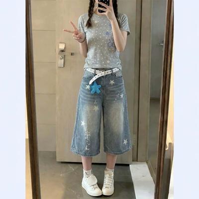 Women's High Waist Star Print Denim Culottes Vintage Washed Loose Cropped Jeans