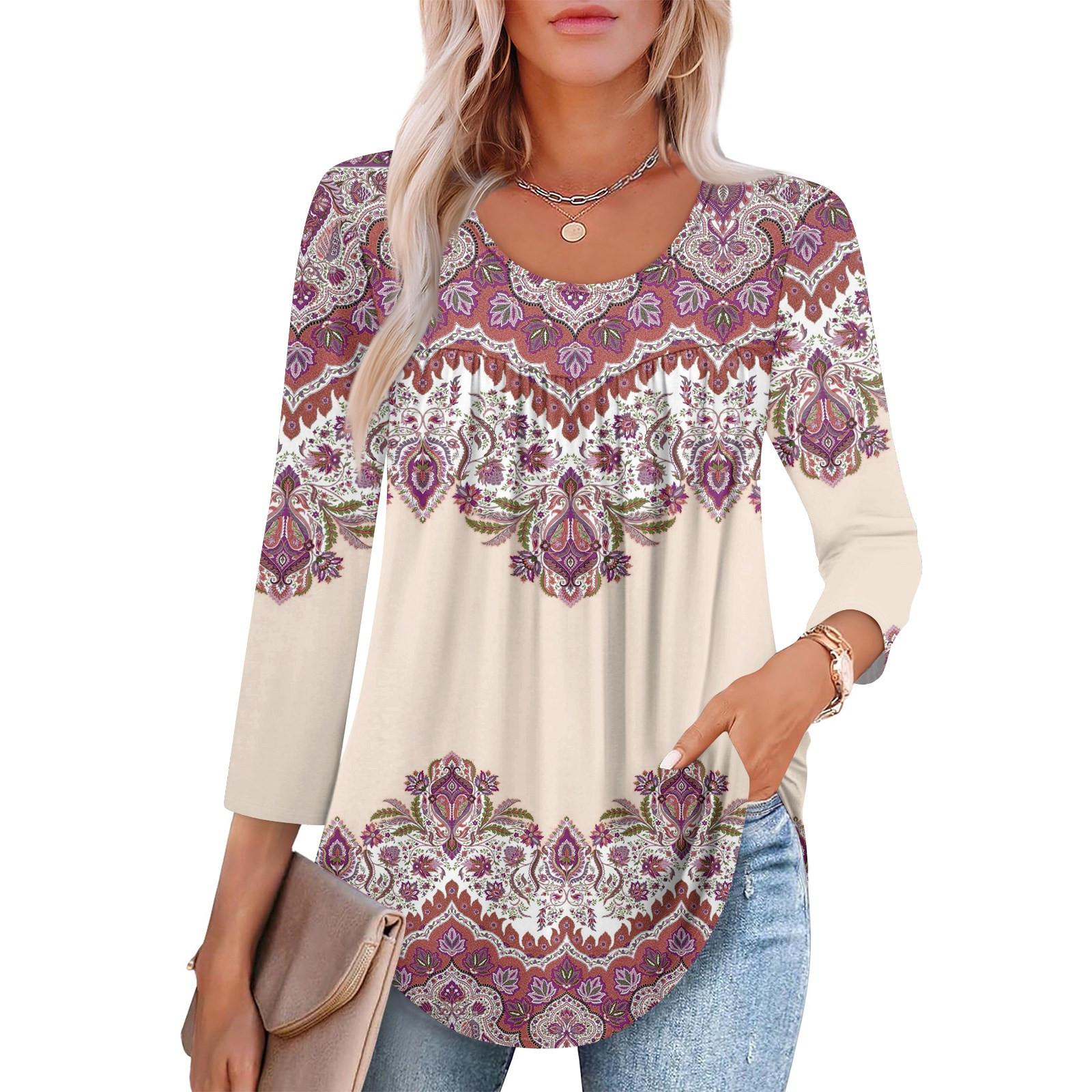 

Women s Fashion Seven Sleeve Top Round Neck Pleated Casual Printed Top XXL