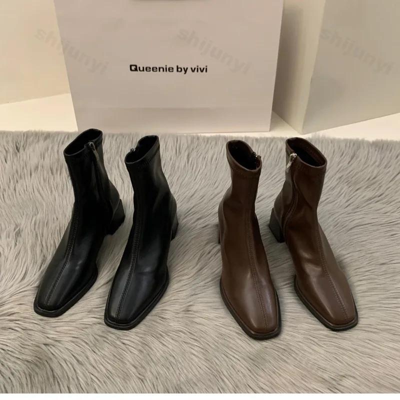 Short boots for women  new spring and autumn single boots round toe raised waterproof platform bare boots for women