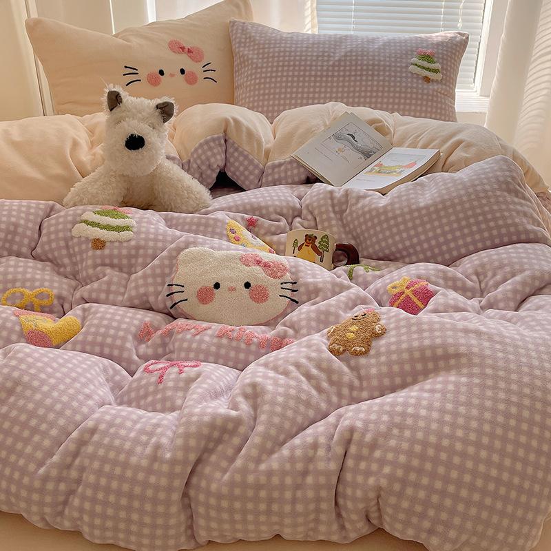 Thickened Milk Fleece Bed Four-Piece Set Fleece Quilt Cover Bed Sheet Coral Flannel Children'S Cartoon Bedding