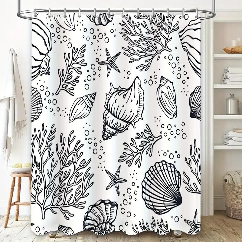 Ocean Life Print Shower Curtain Nautical Bath Decor with Seashells Coral Black White Pattern Bathroom Liner