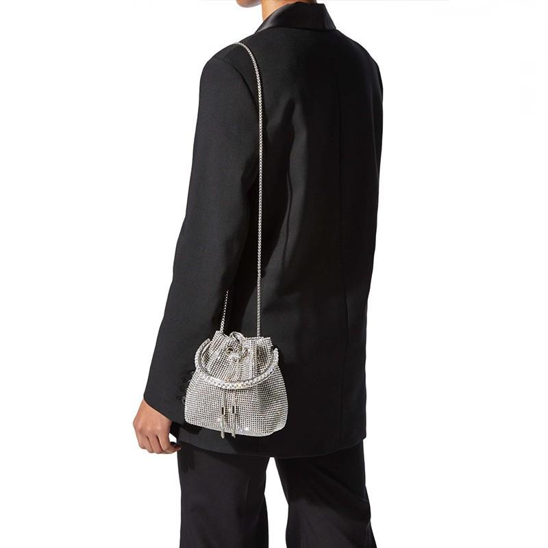 Sparkling Rhinestone Bucket Bag Women PU Leather Small Square Handbag Vintage Style Fashion Accessory