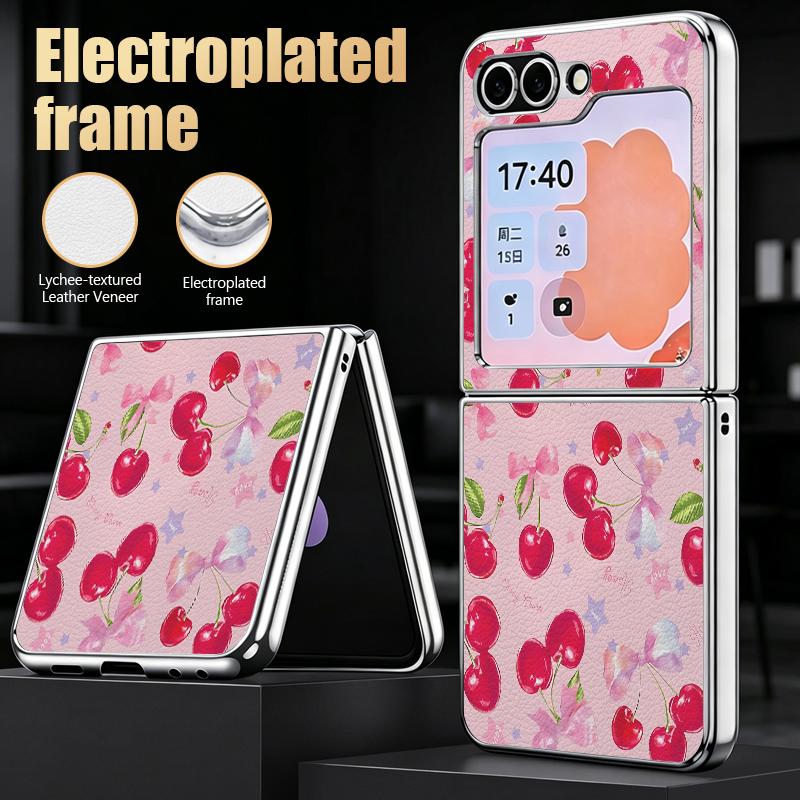 Polka Dot Cherry Print Case For Samsung Z Flip 8 7 6 5 Luxury Plating Leather Skin Folding Phone Cover For Galaxy Z Flip8 Flip7 Flip6