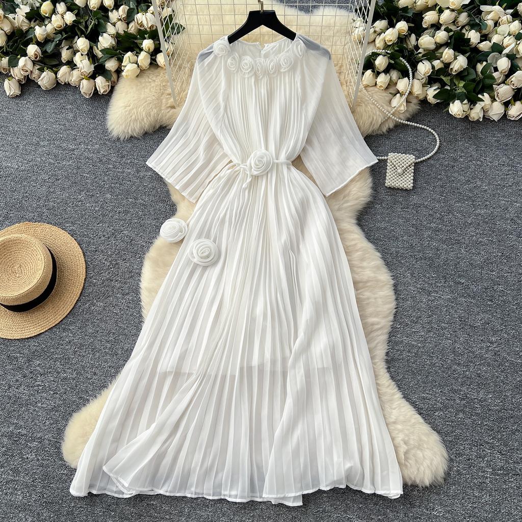 Spring Autumn Woman Dress New Flower Round Ne Seven-Quarter Sleeve Waist-Cinching Pleated Dresses for  Women Slimming Gown
