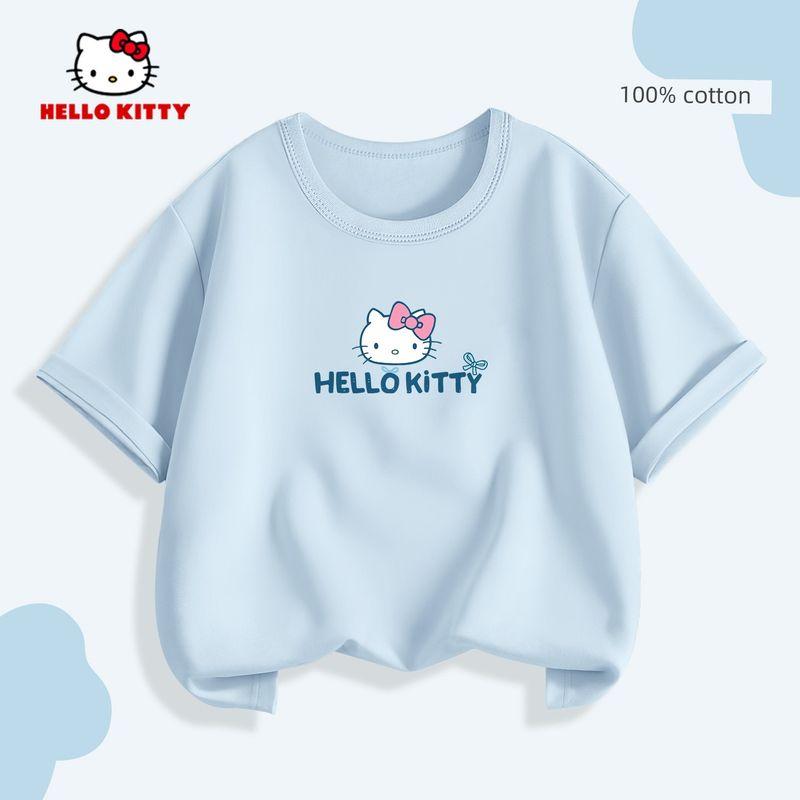 Hello Kitty Girls' White T-Shirt Children's Short-Sleeved Summer Wear Pure Cotton Simple Solid Color Top Breathable and Sweat-Absorbent Trendy