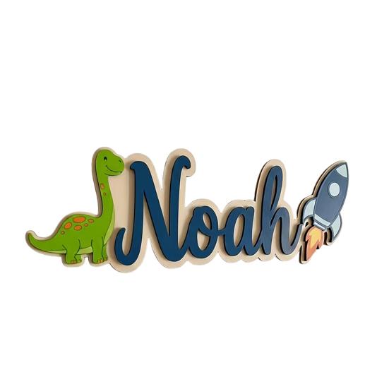 Cartello Personalizzato con Nome per Bambini Dinosauro Razzo Cartello in Legno per Porta per Ragazzi Nome Personalizzato Decorazione da Appendere per Cameretta Asilo Nido Camera da Letto Asilo Nido Sala Giochi