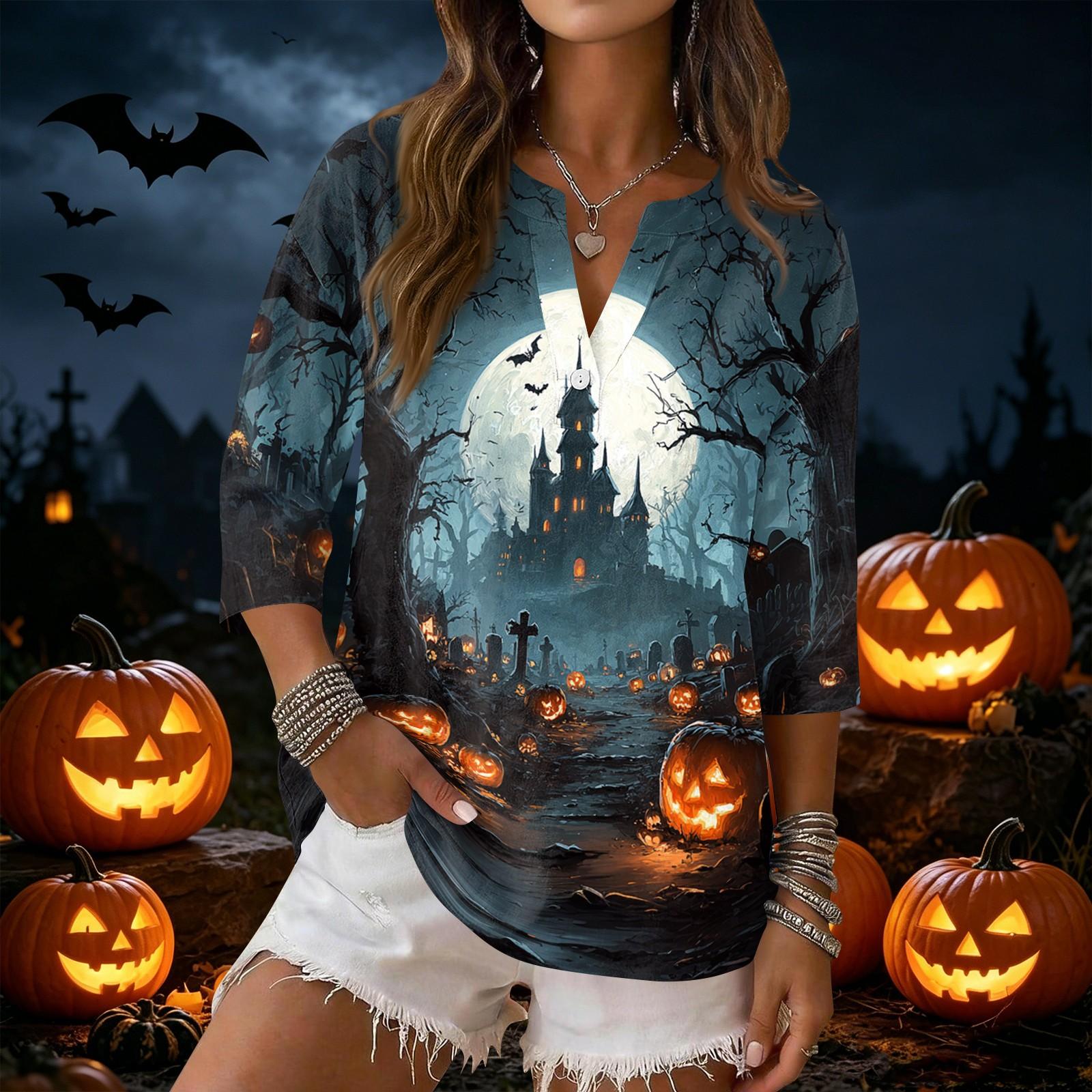 Women s Halloween Print V-Neck Button T-Shirt - Three Quarter Sleeve Cotton Linen Casual Blouse L циан