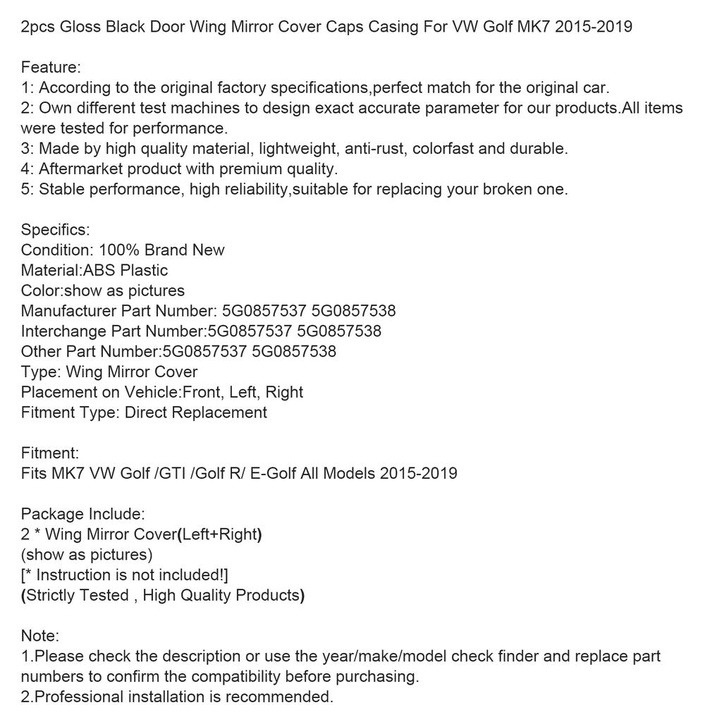 2 Stück Glänzend Schwarz Tür Außenspiegel Abdeckkappen Gehäuse Für VW Golf MK7 2015-2019
