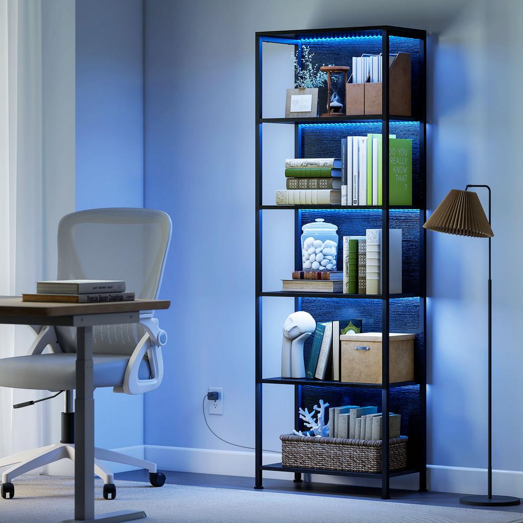 Bookshelf with 5 Levels, Standing Shelf with LED Lighting, 7 Light Colors, for Living Room, 60 x 30 x 179 cm Black