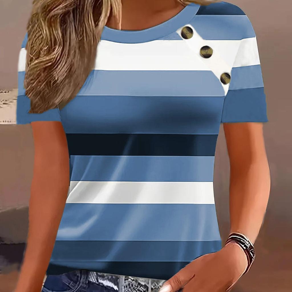 Womens Casual Striped Button Decor Short Sleeve T Shirt