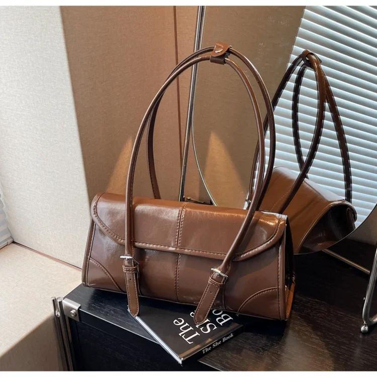 PU Leather Shoulder Bags For Women Retro Burgundy Underarm Bag Pure Color Big Capacity Shopping Totes Luxury Designer Handbags