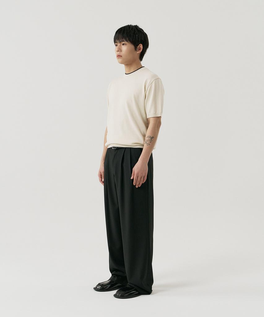 GNOK [Summer] Double-Pleated Elastic Waist Wide Slacks [Black]