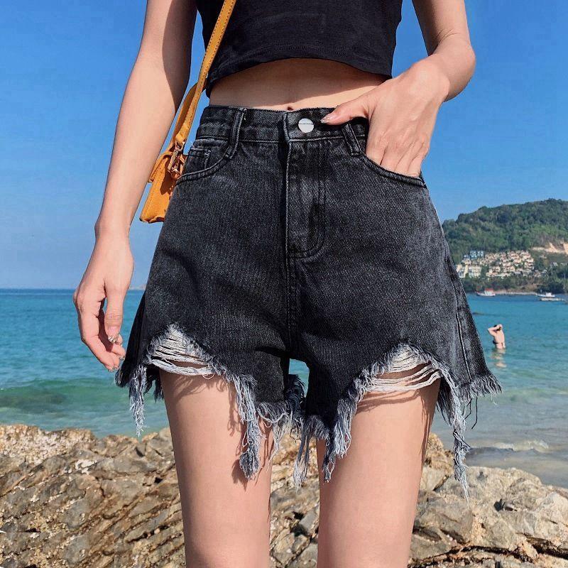 Spodnie Klasyczna i Minimalistyczna Moda Wszechstronne Dziury Damskie Lato Wysoki Stan Cienkie Do Noszenia na Zewnątrz Spodenki Jeansowe A-line Szerokie Nogawki Indywidualność