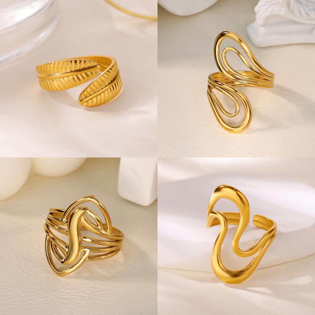 Geometric Leaf Stainless Steel Ring for Women Mama Girlfriend Gold Color Anti Fading Open Rings Jewelry Vacation Christmas Gifts
