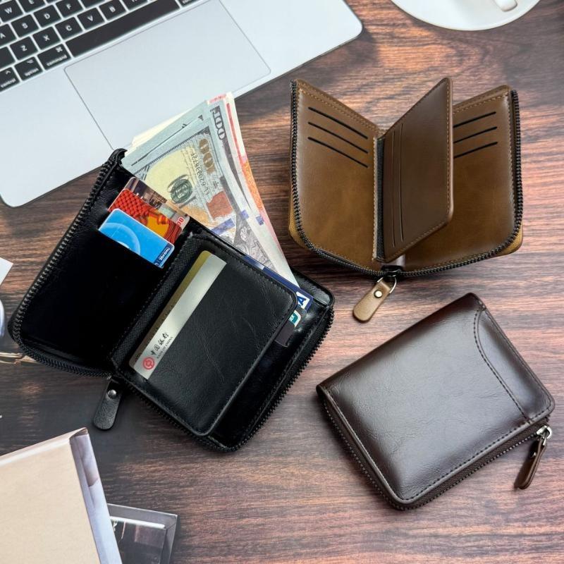 Men's Vintage Oil Wax Leather Zipper Wallet RFID Blocking Short Purse Multi Card Holder Business Casual Coin Pocket Credit Card Wallet for Men