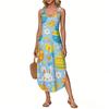 Women's Summer Long Dress, Sleeveless With Side Slit, Long Easter Printed Vest Dress