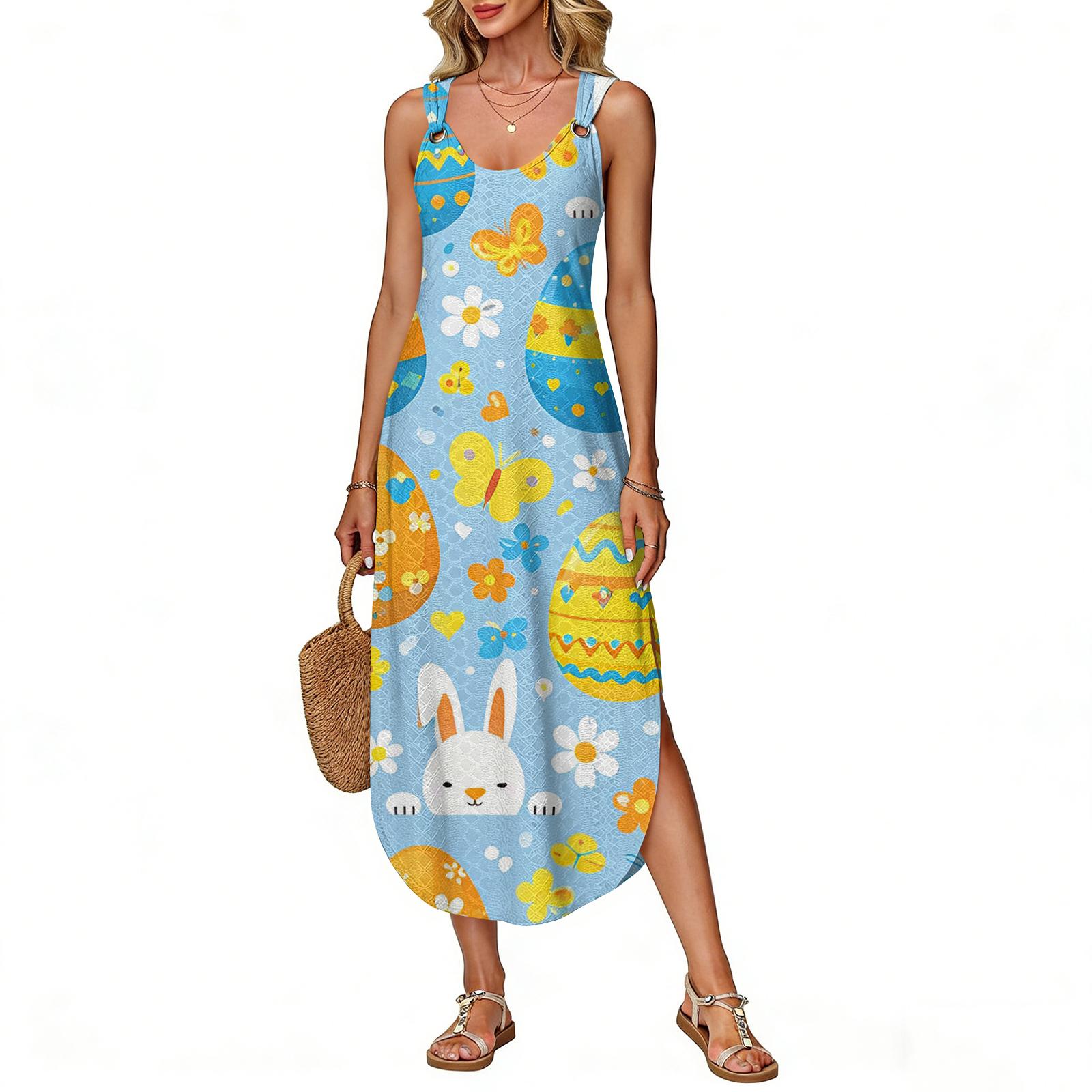 

Women s Summer Long Dress, Sleeveless With Side Slit, Long Easter Printed Vest Dress XL синій